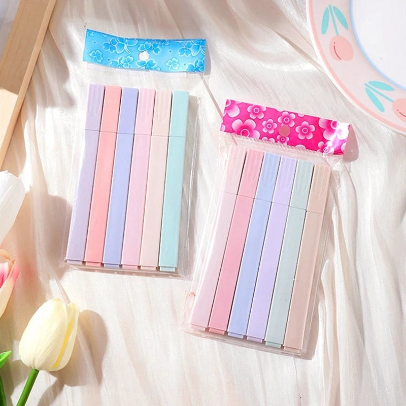 6Pcs/Set Pastel Color Highlighter Kawaii Stationery Color Marker School Supplies Student Marker Highlighter Japanese Stationery