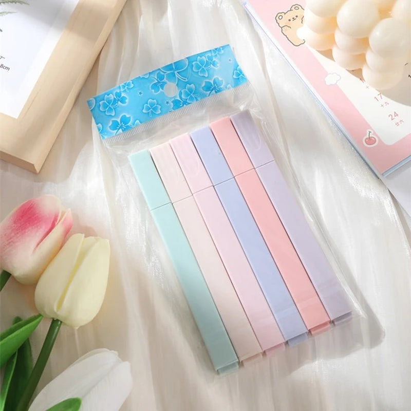 6Pcs/Set Pastel Color Highlighter Kawaii Stationery Color Marker School Supplies Student Marker Highlighter Japanese Stationery