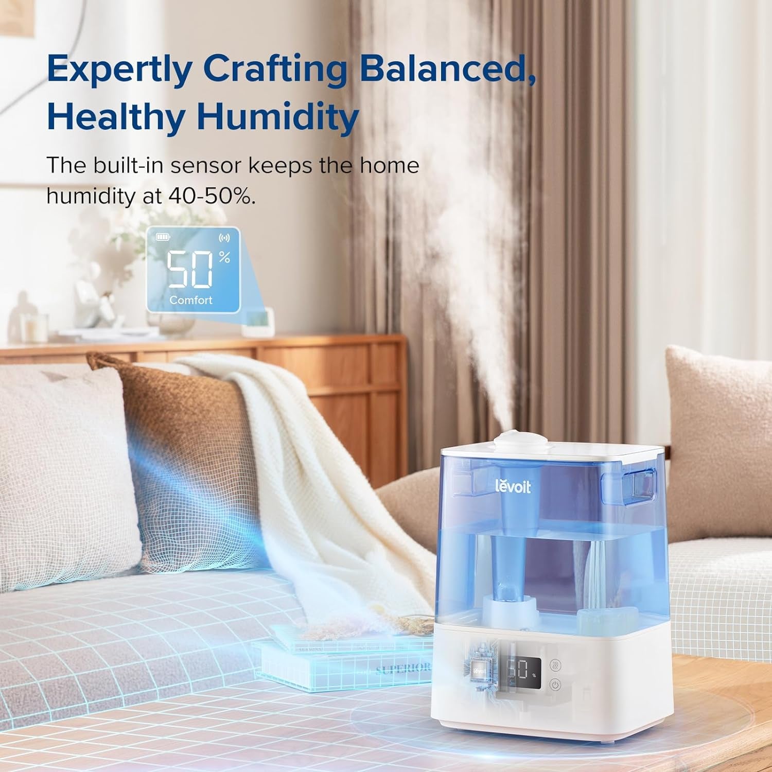 Humidifiers for Bedroom Large Room Home, 6L Top Fill Cool Mist Air Ultrasonic for Plants Indoor with Essential Oils Diffuser for Baby Kids, Smart Control with Humidistat, Quiet Easy Clean, Blue