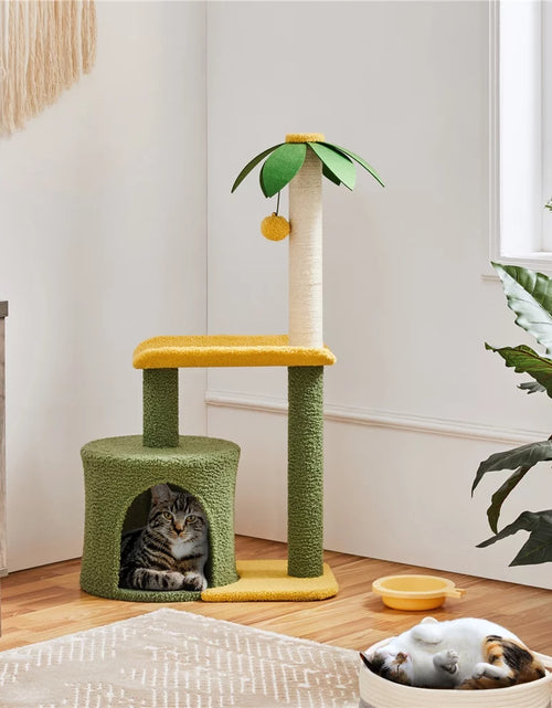 Load image into Gallery viewer, Upholstered 2-Level 37&quot; Coconut Palm Cat Tree with Bending Perch, Gree/Yellow
