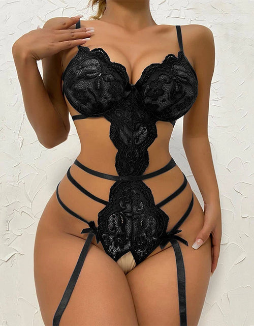 Load image into Gallery viewer, Hot Lace Bodysuit Babydoll Pajamas Set Garter Deep V Open Bra Crotchless Women&#39;S See-Through Corset Sex Lingerie Exotic Apparel
